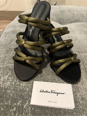 Salvatore Ferragamo Olive Green Strappy Heeled Sandals